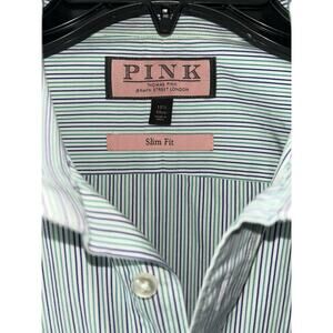 Thomas Pink Slim Fit Green Purple Stripe Dress Shirt 15.5 39cm